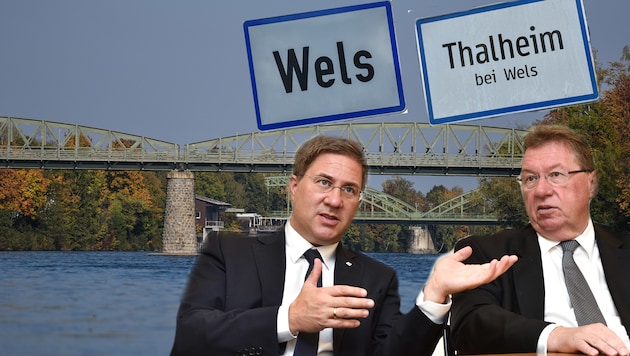 Die beiden Bürgermeister Andreas Rabl (links) und Andreas Stockinger planen Wels und Thalheim bei Wels zu fusionieren. (Bild: Wenzel)