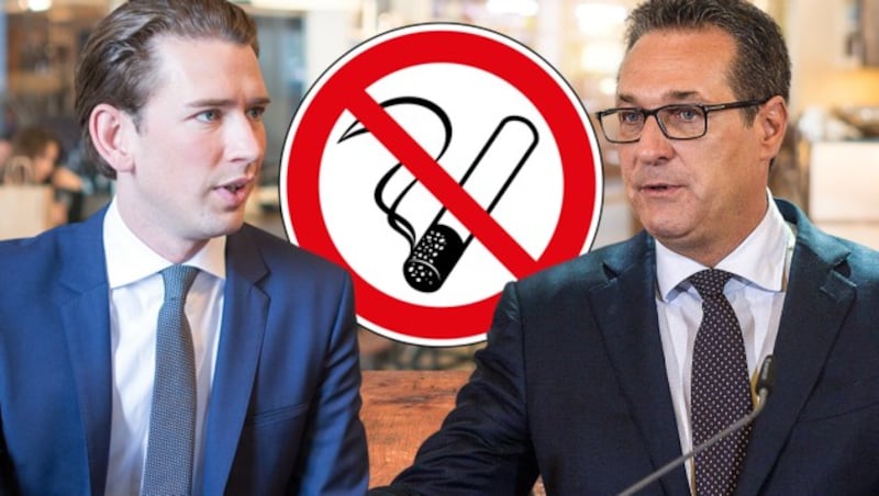 Bundeskanzler Sebastian Kurz (ÖVP) ist Nichtraucher, Vizekanzler Heinz-Christian Strache (FPÖ) greift regelmäßig zur Zigarette. (Bild: APA/JAKOB GLASER, APA/HERBERT PFARRHOFER, krone.at-Grafik, stock.adobe.com)