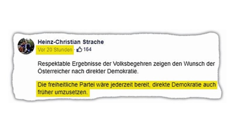 Meinung geändert: Zunächst konnte sich Strache vorstellen, die direkte Demokratie früher umzusetzen. Dieser entscheidende Satz wurde dann aber gelöscht. (Bild: facebook.com, krone.at-Grafik)