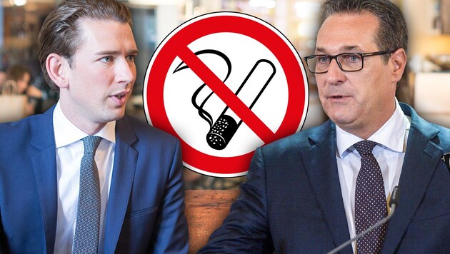 Bundeskanzler Sebastian Kurz (ÖVP) ist Nichtraucher, Vizekanzler Heinz-Christian Strache (FPÖ) greift regelmäßig zur Zigarette. (Bild: APA/HERBERT PFARRHOFER, APA/JAKOB GLASER, stock.adobe.com, krone.at-Grafik)