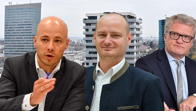 ÖVP-Klubchef Martin Hajart (links) übt scharfe Kritik an SPÖ-Bürgermeister Klaus Luger (rechts) und FPÖ-Stadtrat Markus Hein. (Bild: Dostal)