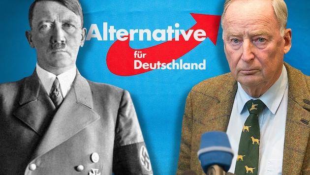 Historiker glauben, dass sich AfD-Chef Alexander Gauland bei einer Rede von Adolf Hitler aus dem Jahr 1933 bedient haben soll. (Bild: AFP, Wikipedia, krone.at-Grafik)