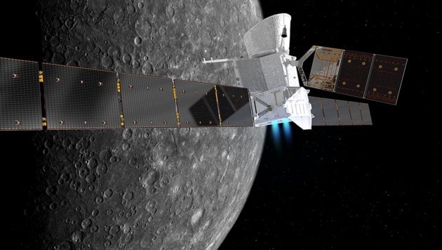 Die Doppelsonde „BepiColombo“ im Anflug auf den Merkur (Bild: ESA/ATG medialab, NASA/JPL)