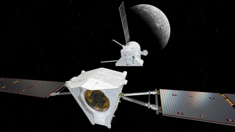 Illustration: Die Doppelsonde „BepiColombo“ kurz nach der Trennung (Bild: ESA/ATG medialab)