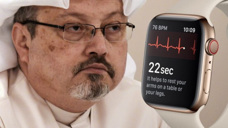 Aufzeichnungen von Khashoggis Smartwatch sollen darauf hindeuten, dass der Regimekritiker gefoltert und ermordet wurde. (Bild: AFP, Apple, krone.at-Grafik)