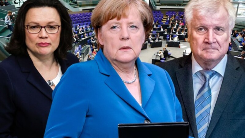 Die Chefs von SPD, CDU und CSU: Andrea Nahles, Angela Merkel und Horst Seehofer (Bild: AFP/John MACDOUGALL, AP, APA/dpa/Michael Kappeler, krone.at-Grafik)