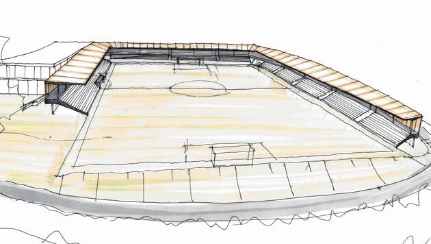 Das ist die Endausbaustufe des GAK-Stadions in Weinzödl. Auf der Längsseite rechts steht derzeit eine temporäre Tribüne - sie bleibt vorerst. (Bild: Hohensinn Architektur)