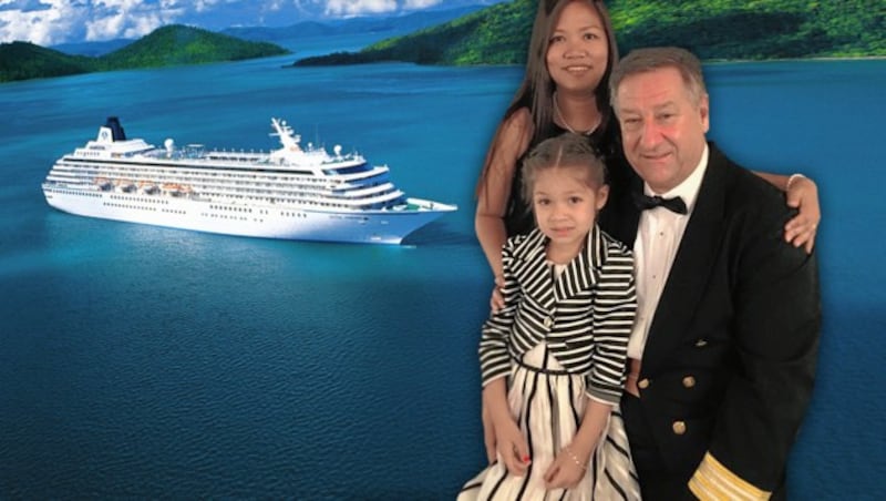 Der Kärntner Top-Gastronom mit seiner Familie, im Hintergrund: die „Crystal Symphony“, auf der der 58-Jährige arbeitete (Bild: Crystal Cruise, "Krone", krone.at-Grafik)