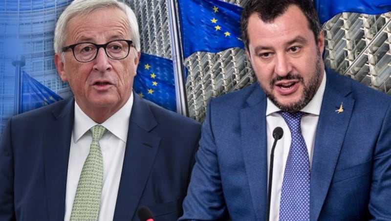 EU-Kommissionspräsident Jean-Claude Juncker, Italiens Innenminister Matteo Salvini (Bild: AFP, AP, stock.adobe.com, krone.at-Grafik)