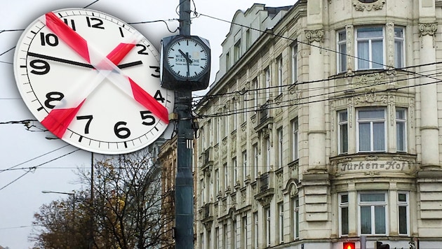 Die Uhr am Gersthofer Platzl ging Mittwochmittag eine Stunde nach. (Bild: Wilhelm Eder, stock.adobe.com, krone.at-Grafik)