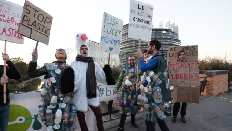 „Lasst euch nicht von Lobbyisten einwickeln“: Demonstranten vor dem EU-Parlament in Straßburg mit einer eindeutigen Botschaften an die Abgeordneten (Bild: APA/AFP/FREDERICK FLORIN)