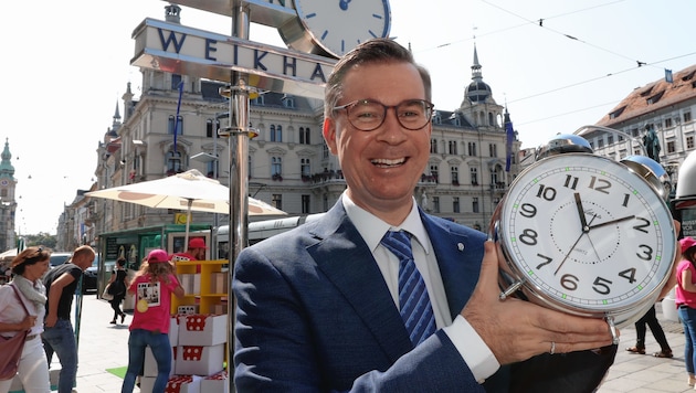 Die Zeitumstellung wird ein heißes Thema in Graz (im Bild der bekannte Juwelier Klaus Weikhard) (Bild: Juergen Radspieler)