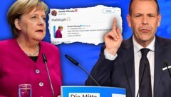 Nach dem desaströsen Abschneiden der CDU bei der Hessen-Wahl hat Bundeskanzlerin Angela Merkel ihren schrittweisen Rückzug aus der Politik angekündigt - ganz nach dem Geschmack des FPÖ-Europaabgeordneten Harald Vilimsky. (Bild: AFP, twitter.com, krone.at-Grafik)