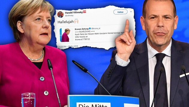 Nach dem desaströsen Abschneiden der CDU bei der Hessen-Wahl hat Bundeskanzlerin Angela Merkel ihren schrittweisen Rückzug aus der Politik angekündigt - ganz nach dem Geschmack des FPÖ-Europaabgeordneten Harald Vilimsky. (Bild: AFP, twitter.com, krone.at-Grafik)