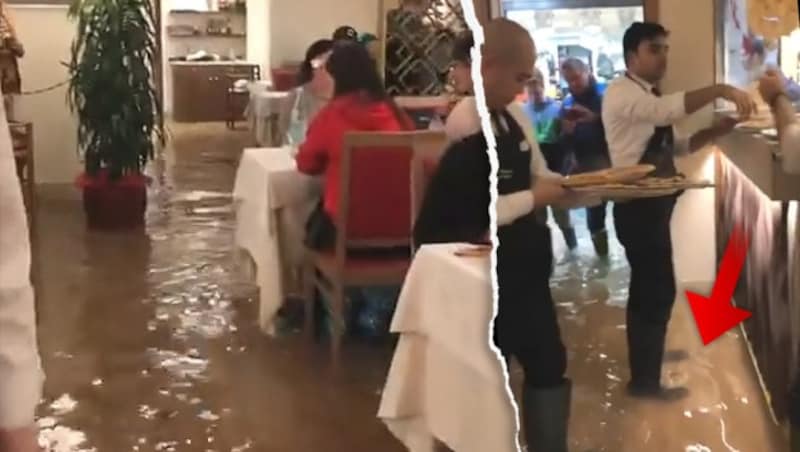 Das Video aus einem überfluteten Ristorante im Zentrum von Venedig ist auf Facebook millionenfach abgerufen worden. (Bild: facebook.com, krone.at-Grafik)