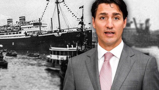 „Die Zeit hat das Gewicht der Schande nicht gemindert“: Premier Justin Trudeau (Bild: APA/afp/Ilmars ZNOTINS, wikipedia.org, krone.at-Grafik)