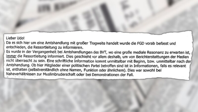 Dieses Mail wurde im BVT als Reaktion auf ein Schreiben von Udo Lett, einem Kabinettsmitarbeiter von Innenminister Herbert Kickl, verfasst. (Bild: zVg, stock.adobe.com, krone.at-Grafik)