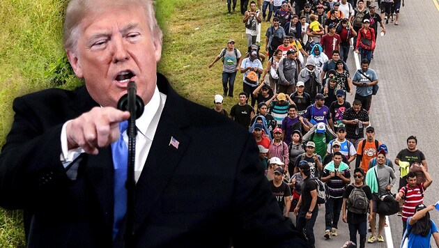 Die US-Regierung wollte Migranten gezielt in Demokraten-Städten unterbringen. (Bild: AP, APA/AFP/Johan ORDONEZ, krone.at-Grafik)