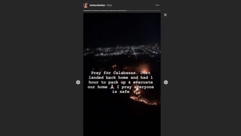 Kim Kardashian postete in ihren Instagram-Stories, dass sie ihr Haus innerhalb einer Stunde wegen einer Feuersbrunst räumen habe müssen. (Bild: www.instagram.com)