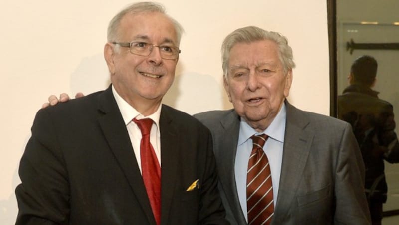 Zeithistoriker Oliver Rathkolb und Journalismuslegende Hugo Portisch (Bild: APA/HERBERT PFARRHOFER)