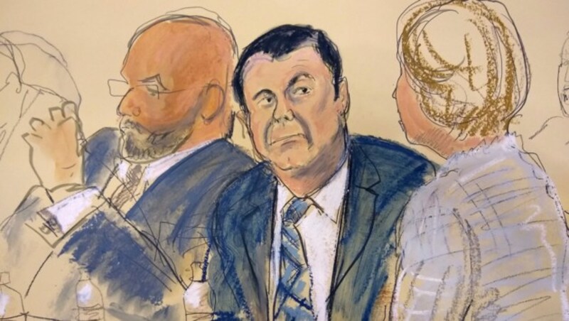 Ein Gerichtszeichner verfolgte den Prozess gegen den 61-jährigen „El Chapo“ in New York. (Bild: APA/AFP/Don EMMERT)