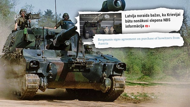 Lettische Medien berichten über den aktuellen Spionagefall in Österreich und den Panzerhaubitzen-Deal. (Bild: Bundesheer, NRA, Baltic Times, krone.at-Grafik)