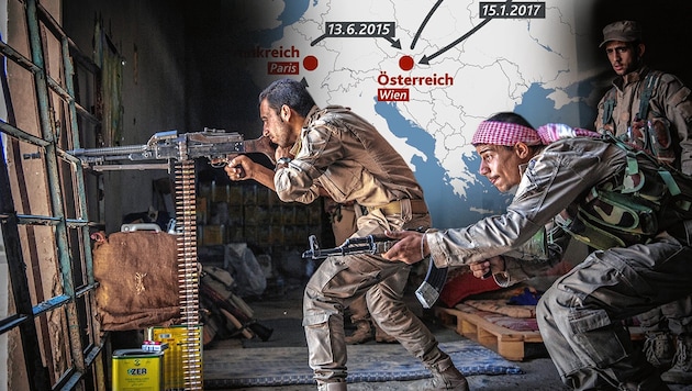 Der syrische General soll von Frankreich nach Österreich geholt worden sein. (Bild: Morukc Umnaber/dpa, krone.at-Grafik, "Krone"-Grafik)