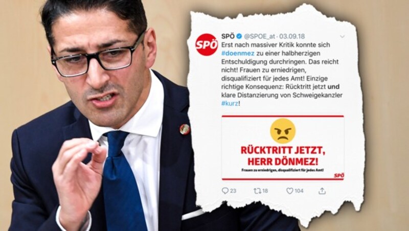 Nach der sexistischen Wortspende von Efgani Dönmez ging die SPÖ wenig zimperlich mit dem Politiker um. (Bild: APA/ROLAND SCHLAGER, twitter.com, krone.at-Grafik)