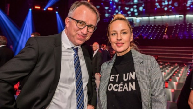 Peter Klien und „Soko Donau“-Star Lilian Klebow im Rahmen der ORF-Programmpräsentation für das Jahr 2019 (Bild: ORF/Thomas Ramstorfer)