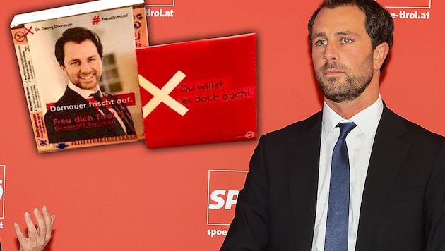 „Du willst es doch auch“: Mit diesem Slogan wollte Georg Dornauer im Tiroler Landtagswahlkampf Gratis-Kondome verteilen. (Bild: Privat, APA/EXPA/ERICH SPIESS, krone.at-Grafik)