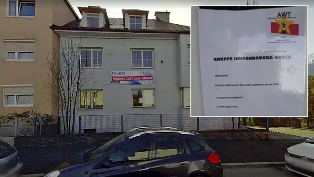 Die Gruppe Aktionistische Widerstandsbewegung Tirol bekannte sich zu dem Fäkalangriff auf die Landesgeschäftsstelle der Tiroler FPÖ. (Bild: Google Street View, FPÖ Tirol)