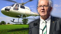 Winfried Kretschmann: Der grüne Ministerpräsident von Baden-Württemberg ließ sich per Hubschrauber in ein Naturschutzgebiet fliegen. (Bild: AFP, stock.adobe.com, krone.at-Grafik)