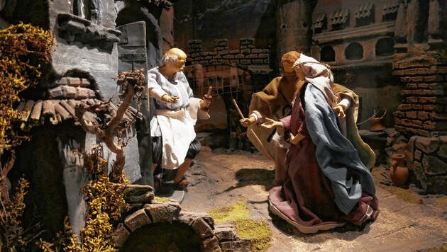 Noch eine Szene aus Waltraude Lechners Sechser-Kasten: Josef und Maria auf Herbergssuche in Bethlehem. (Bild: Matthias Wagner)