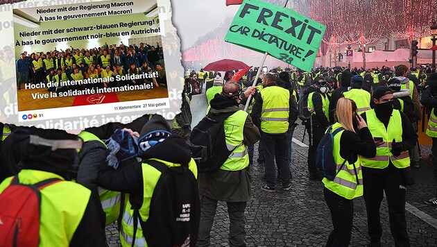 Die Sozialistische Jugend verbrüdert sich auf Facebook mit den französischen „Gelbwesten“. (Bild: AFP, facebook.com, krone.at-Grafik)