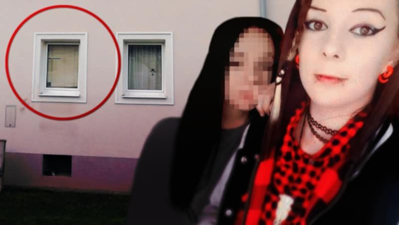 Michelles Schwester Nadine (18, rechts im Bild) vor dem Fenster, aus dem der Tatverdächtige geflüchtet ist (Bild: Schütz Markus, krone.at-Grafik)