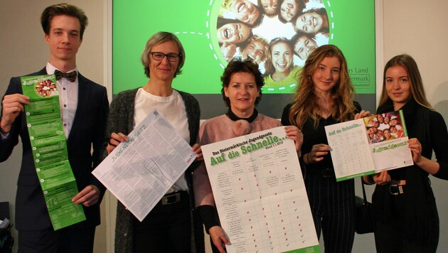 Von links: Raphael Nast, Ursula Theißl (Geschäftsführerin von Logo Jugendmanagement), Ursula Lackner, Ella und Leonie Steirer (Bild: Land Steiermark/Samec)