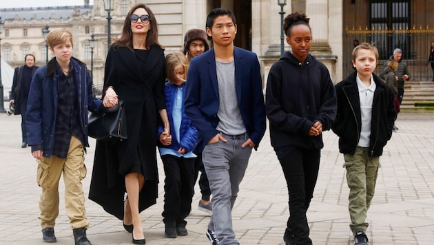 Angelina Jolie mit ihren Kindern Maddox Jolie-Pitt, Shiloh Jolie-Pitt, Vivienne Marcheline Jolie-Pitt, Knox Leon Jolie-Pitt, Zahara Jolie-Pitt und Pax Jolie-Pitt auf dem Weg in den Louvre in Paris (Bild: www.PPS.at)