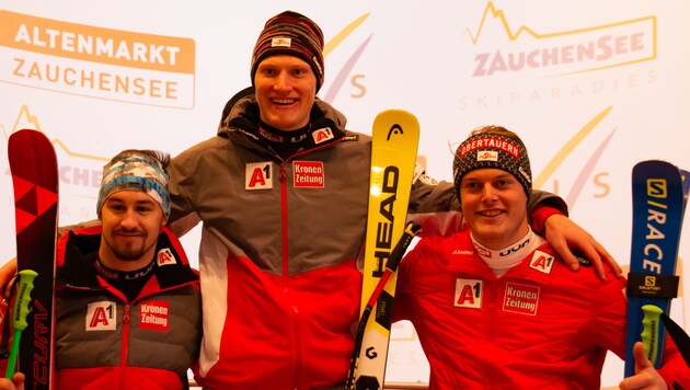 Das Zauchensee-Podium: Daniel Hemetsberger, Stefan Babinsky, Christopher Neumayer (von links). (Bild: Weltcup Zauchensee)
