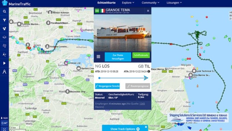 Die Grande Tema ist inzwischen in ihrem Planhafen Tilbury angekommen. (Bild: Screenshot marinetraffic.com)