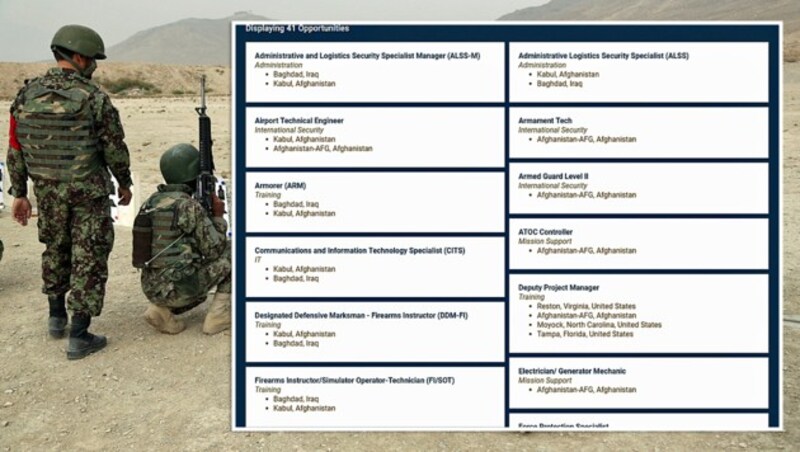 Derzeit werden auf der Website der Constellis Group 41 Jobs für Afghanistan angeboten. (Bild: AP, constellis.com, krone.at-Grafik)