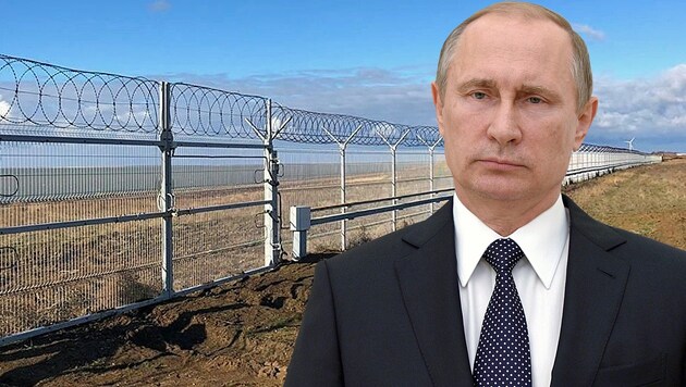 Kremlchef Wladimir Putin sichert die Krim nun zusätzlich mit einem Grenzzaun. (Bild: twitter.com, AFP, krone.at-Grafik)