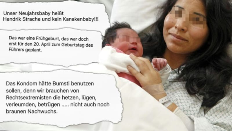 Das Neujahrsbaby 2019 wurde von einer Seite, die von sich behauptet, der offizielle Instagram-Account der FPÖ Burgenland zu sein, angefeindet. Auch das Neugeborene der Straches ist äußerst hasserfüllten Kommentaren ausgesetzt. (Bild: APA/KAV/MARTIN VOTAVA , twitter.com, krone.at-Grafik)