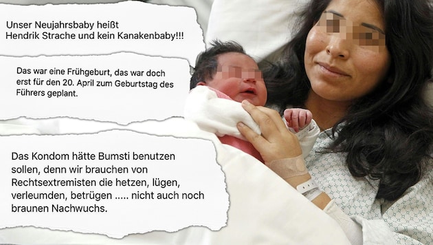 Das Neujahrsbaby 2019 wurde von einer Seite, die von sich behauptet, der offizielle Instagram-Account der FPÖ Burgenland zu sein, angefeindet. Auch das Neugeborene der Straches ist äußerst hasserfüllten Kommentaren ausgesetzt. (Bild: APA/KAV/MARTIN VOTAVA , twitter.com, krone.at-Grafik)