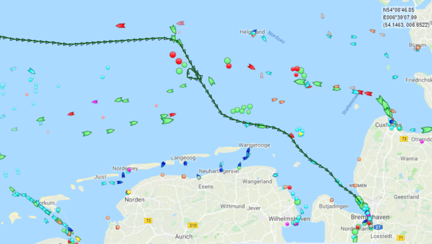 Der Weg der MSC Zoe, als sie ihre Ladung verlor. Am Donnerstag erreichte sie Bremerhaven. (Bild: Screenshot marinetraffic.com)