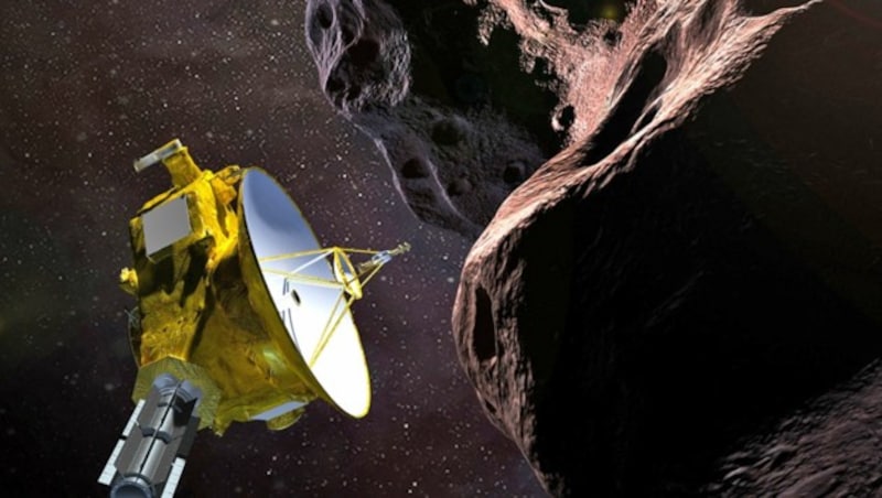 Künstlerische Illustration: „New Horizons“ vor dem Himmelskörper Ultima Thule (Bild: NASA/JHUAPL/SwRI)