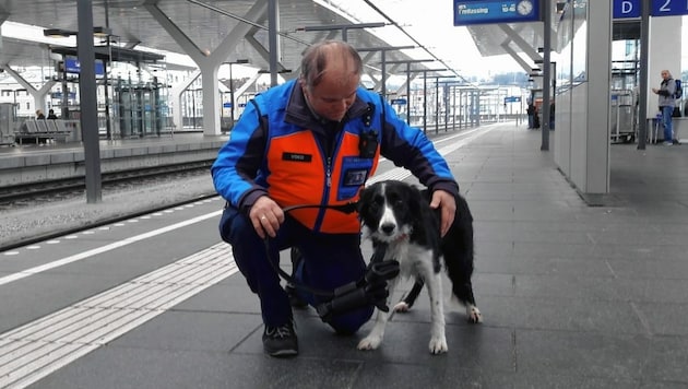 Ein ÖBB-Mitarbeiter am Salzburger Hauptbahnhof mit dem „eingefangenen“ Vierbeiner. (Bild: ÖBB)