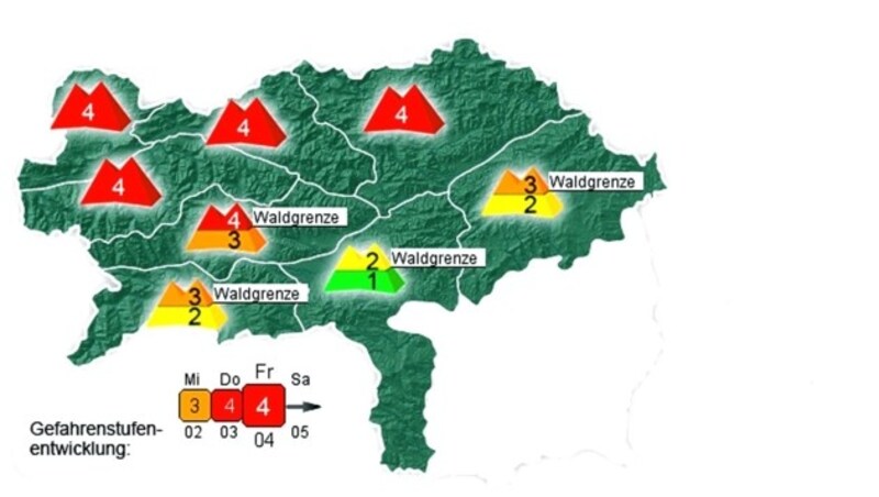 So wie am Donnerstag gilt auch heute Lawinenwarnstufe 4 im Großteil des Berglandes. Ob Stufe 5 erreicht wird, hängt von Wind und Niederschlägen in den kommenden Tagen ab. (Bild: Lawinenwarndienst Steiermark)