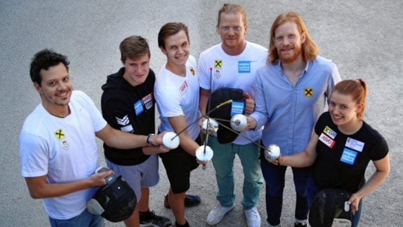 Trainer Floriano Guizzardi, Erik Huthmann, Martin Kain, Trainer Moritz Hinterseer, Tobias Hinterseer und Lilli Marija Brugger. (Bild: Andreas Tröster)