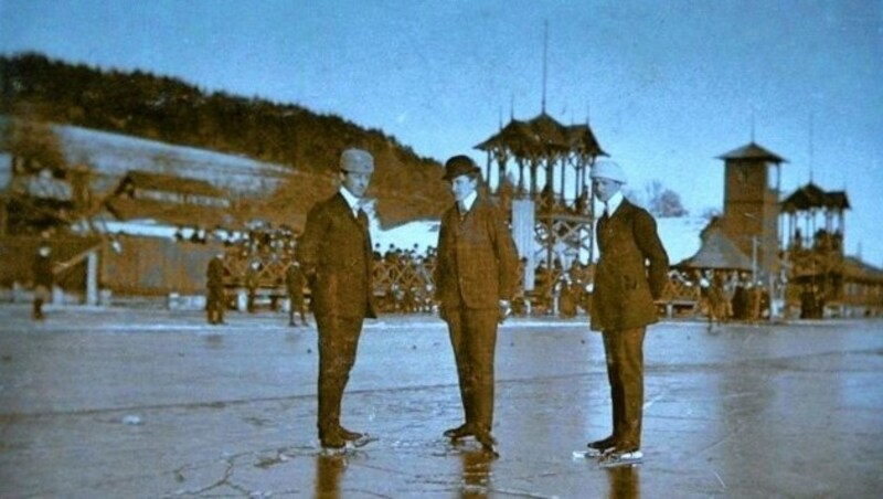 Eistanzwettbewerbe fanden meist vor der Militärschwimmschule statt - so wie hier im Februar 1913. (Bild: TAÖ/AAvK)