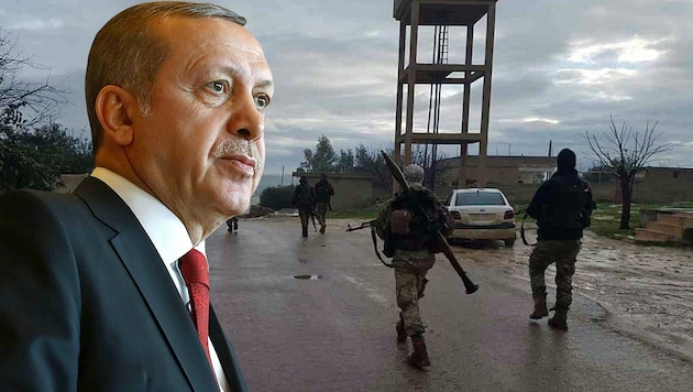 Dschihadisten am Vormarsch im Nordwesten Syriens - und der türkische Präsident Recep Tayyip Erdogan, dessen Truppen in der Region stationiert sind, schaut zu. (Bild: AFP, twitter.com, krone.at-Grafik)
